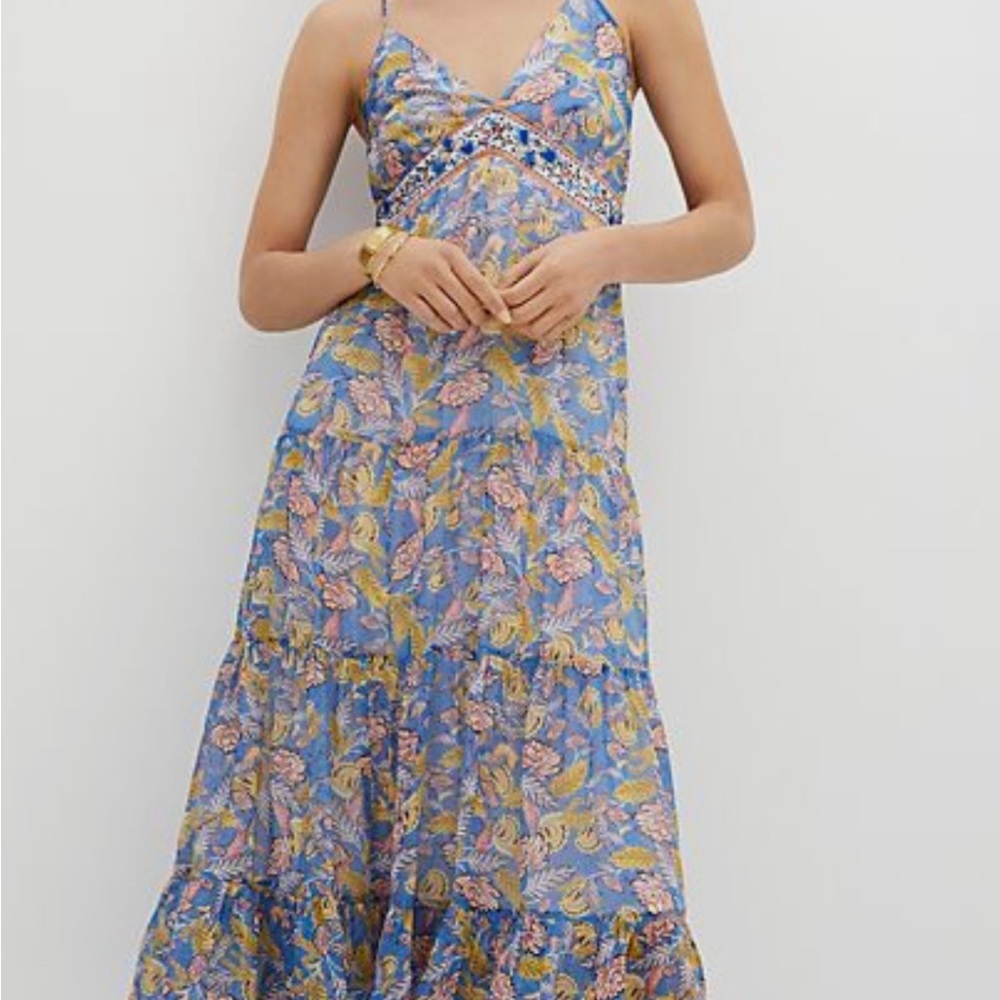 Anthropologie Blue Floral Midi Dress with Pink and Yellow Accents
